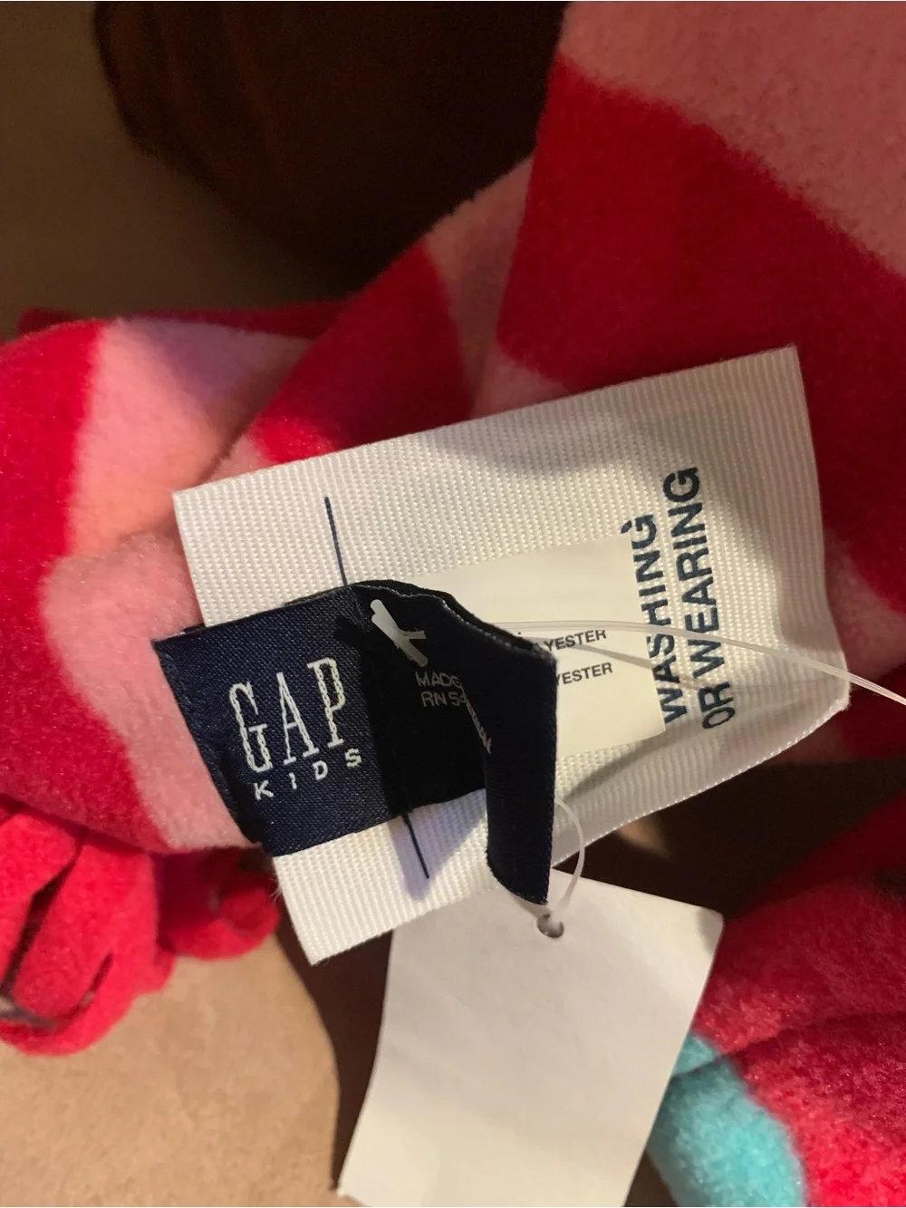 GAP Girls Pink & Hot Pink Striped Fleece Scarf with Mittens and Blue Dot Accents